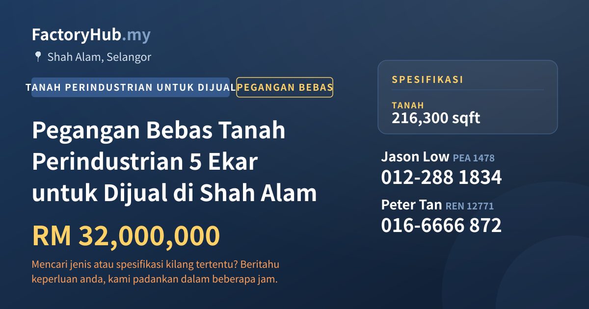 Tanah Untuk Dijual - Pegangan Bebas Tanah Perindustrian 5 Ekar untuk Dijual di Shah Alam - Shah Alam, Selangor