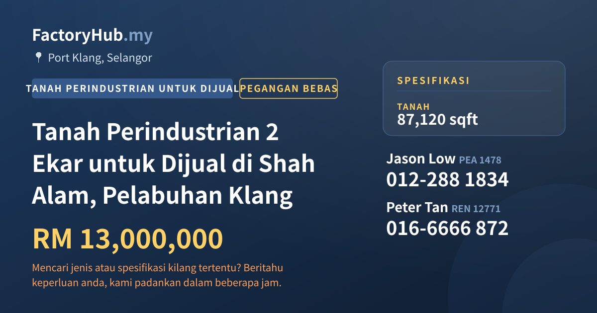 Tanah Untuk Dijual - Tanah Perindustrian 2 Ekar untuk Dijual di Shah Alam, Pelabuhan Klang - Port Klang, Selangor
