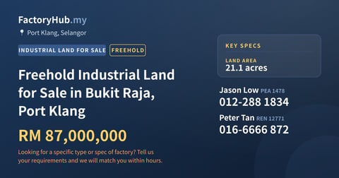 Land For Sale - Freehold Industrial Land for Sale in Bukit Raja, Port Klang - Port Klang, Selangor