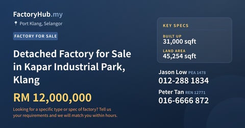 Factory For Sale - Detached Factory for Sale in Kapar Industrial Park, Klang - Port Klang, Selangor