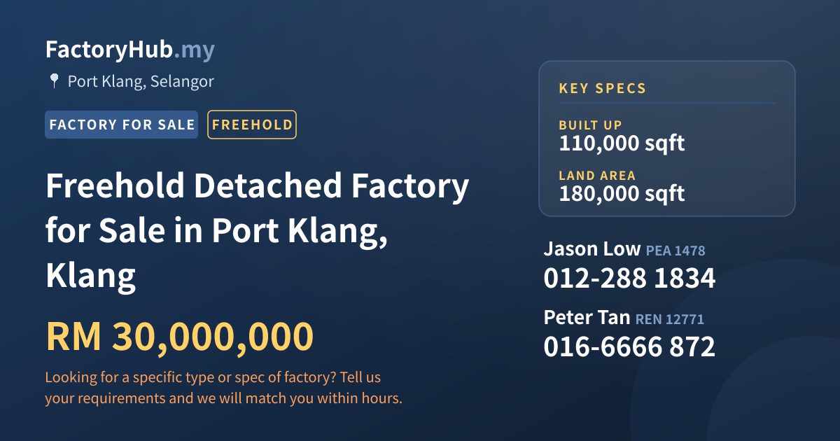 Factory For Sale - Freehold Detached Factory for Sale in Port Klang, Klang - Port Klang, Selangor