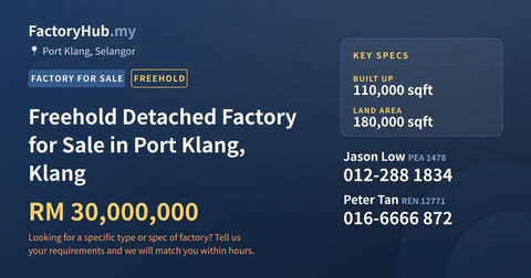 Factory For Sale - Freehold Detached Factory for Sale in Port Klang, Klang - Port Klang, Selangor