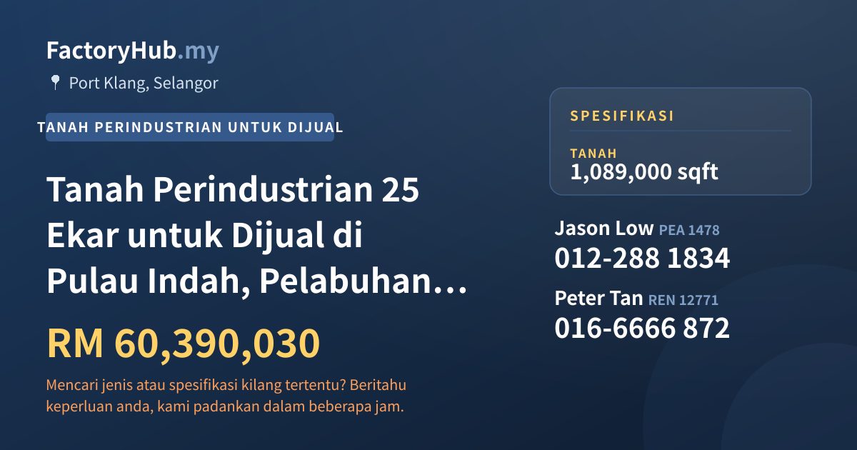 Tanah Untuk Dijual - Tanah Perindustrian 25 Ekar untuk Dijual di Pulau Indah, Pelabuhan Klang - Port Klang, Selangor
