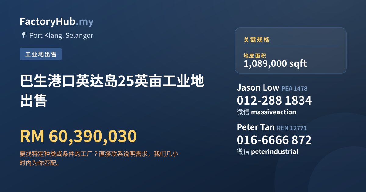 土地 出售 - 巴生港口英达岛25英亩工业地出售 - Port Klang, Selangor