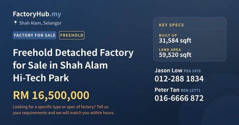 Factory For Sale - Freehold Detached Factory for Sale in Shah Alam Hi-Tech Park - Shah Alam, Selangor
