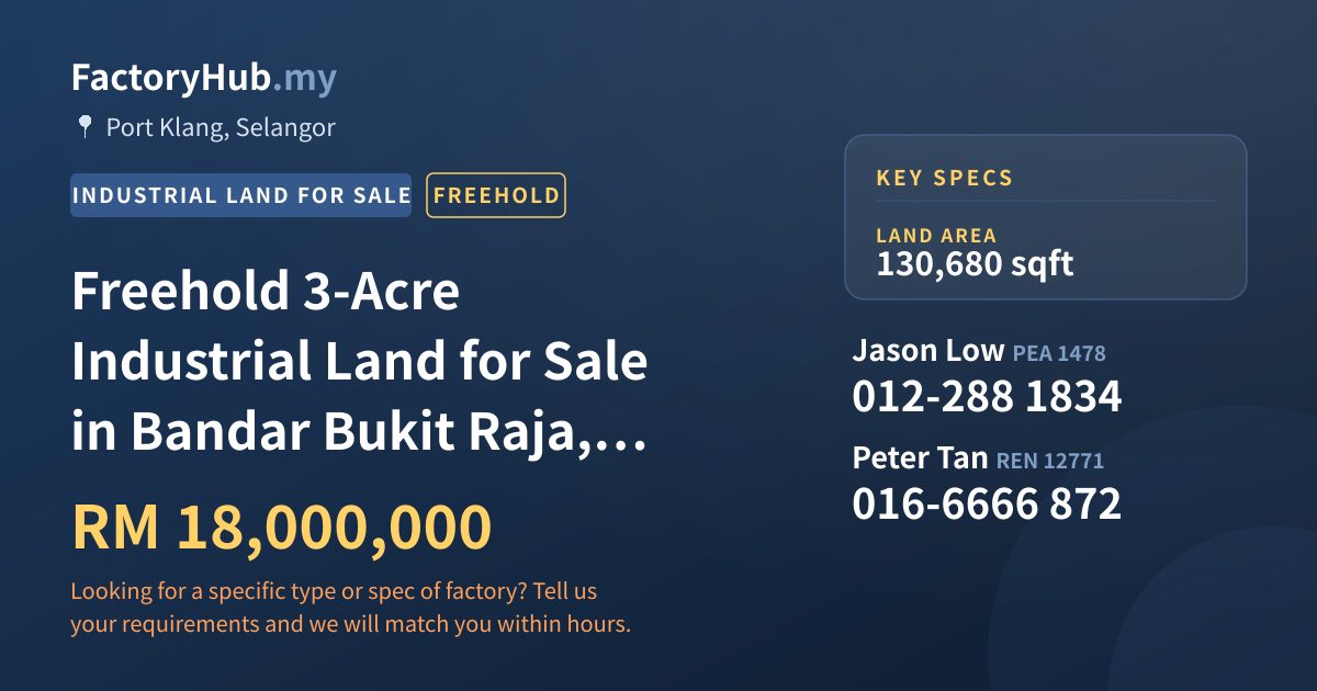 Land For Sale - Freehold 3-Acre Industrial Land for Sale in Bandar Bukit Raja, Klang - Port Klang, Selangor
