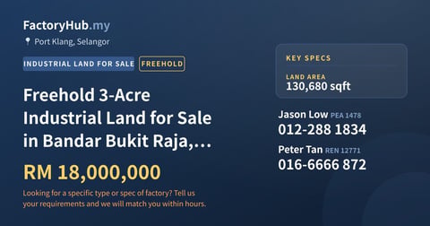 Land For Sale - Freehold 3-Acre Industrial Land for Sale in Bandar Bukit Raja, Klang - Port Klang, Selangor
