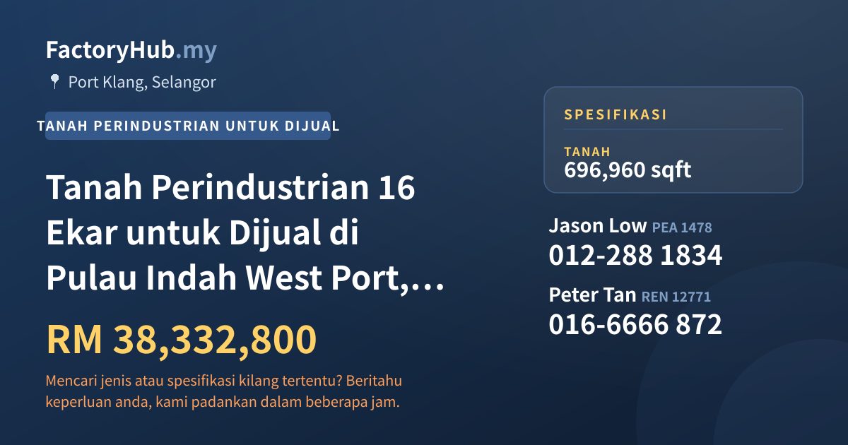 Tanah Untuk Dijual - Tanah Perindustrian 16 Ekar untuk Dijual di Pulau Indah West Port, Pelabuhan Klang - Port Klang, Selangor