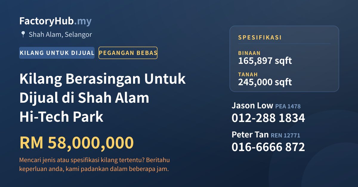 Kilang Untuk Dijual - Kilang Berasingan Untuk Dijual di Shah Alam Hi-Tech Park - Shah Alam, Selangor