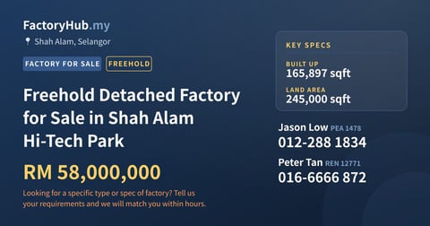 Factory For Sale - Freehold Detached Factory for Sale in Shah Alam Hi-Tech Park - Shah Alam, Selangor