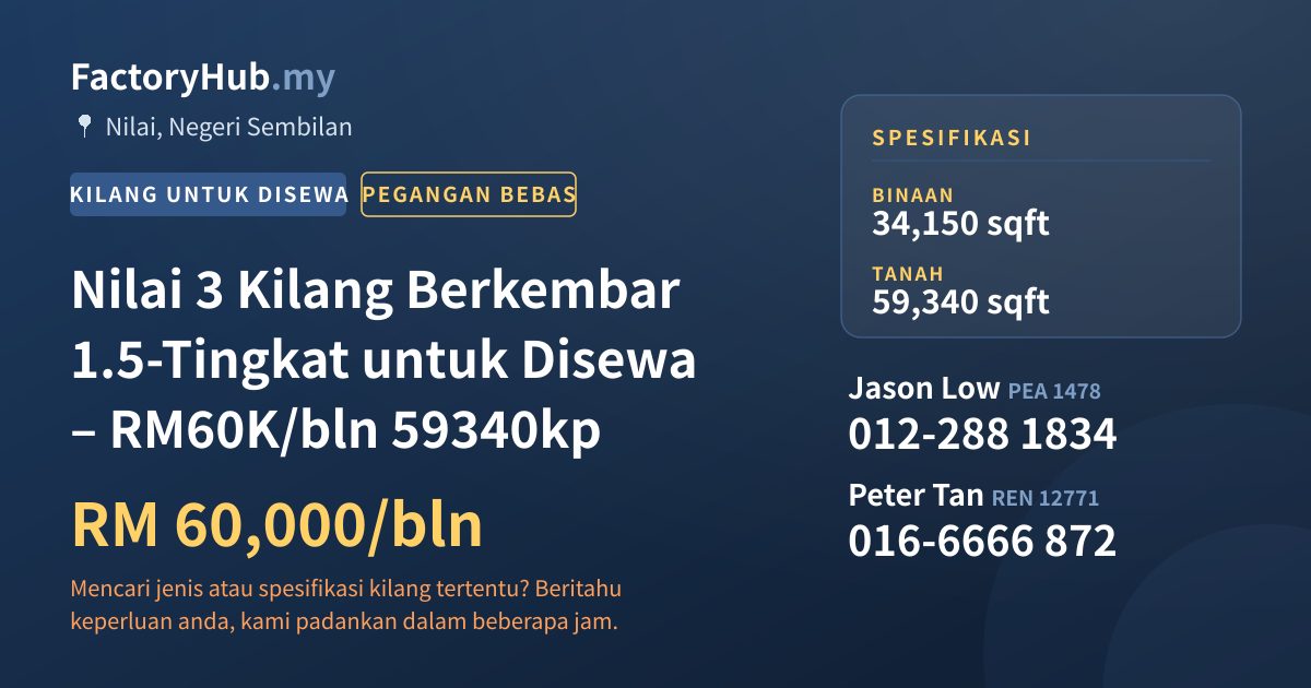 Kilang Untuk Disewa - Nilai 3 Kilang Berkembar 1.5-Tingkat untuk Disewa – RM60K/bln 59340kp - Nilai, Negeri Sembilan