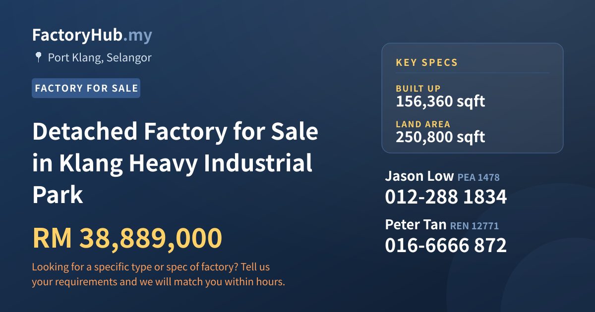 Factory For Sale - Detached Factory for Sale in Klang Heavy Industrial Park - Port Klang, Selangor