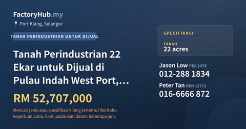Tanah Untuk Dijual - Tanah Perindustrian 22 Ekar untuk Dijual di Pulau Indah West Port, Pelabuhan Klang - Port Klang, Selangor