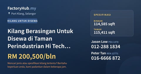 Kilang Untuk Disewa - Kilang Berasingan Untuk Disewa di Taman Perindustrian Hi Tech Port Klang - Port Klang, Selangor