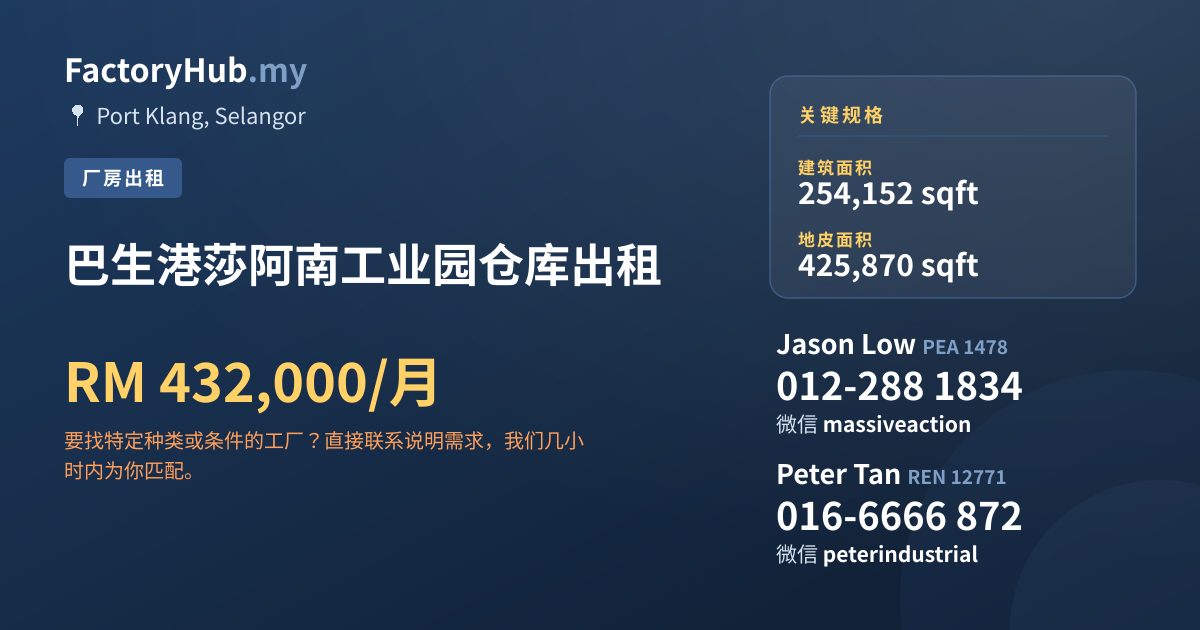 工厂 出租 - 巴生港莎阿南工业园仓库出租 - Port Klang, Selangor