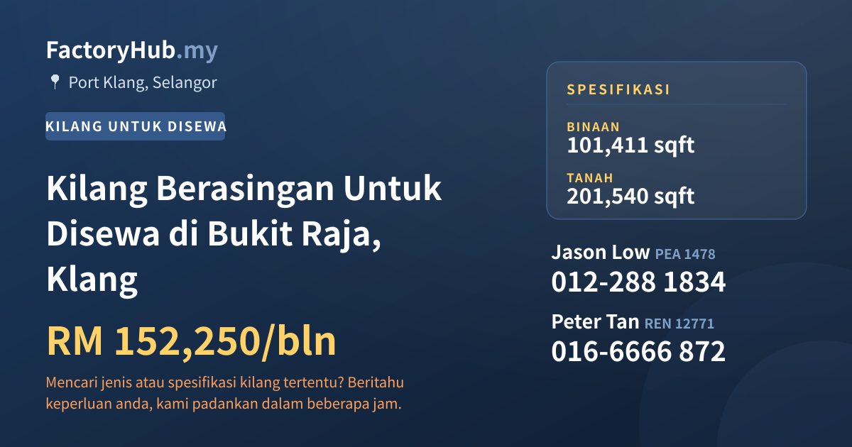 Kilang Untuk Disewa - Kilang Berasingan Untuk Disewa di Bukit Raja, Klang - Port Klang, Selangor