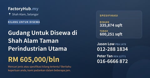 Kilang Untuk Disewa - Gudang Untuk Disewa di Shah Alam Taman Perindustrian Utama - Shah Alam, Selangor