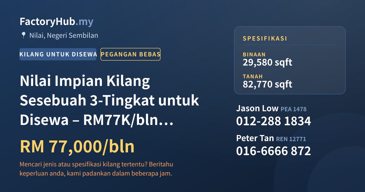 Kilang Untuk Disewa - Nilai Impian Kilang Sesebuah 3-Tingkat untuk Disewa – RM77K/bln 82770kp - Nilai, Negeri Sembilan