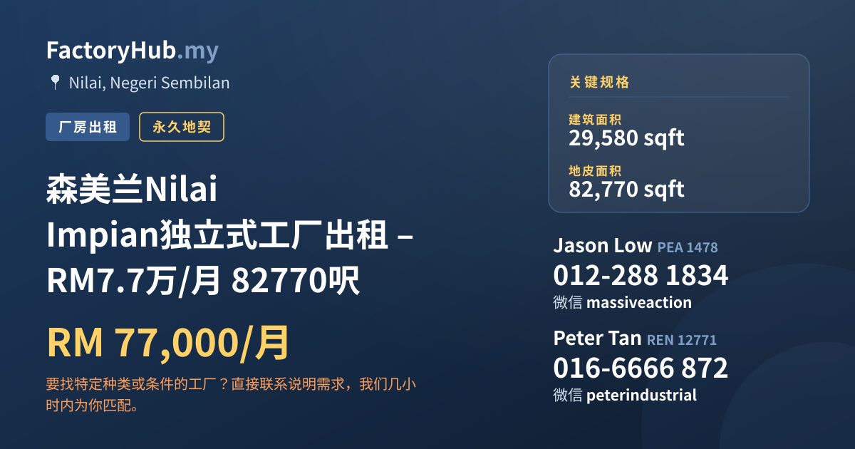 工厂 出租 - 森美兰Nilai Impian独立式工厂出租 – RM7.7万/月 82770呎 - Nilai, Negeri Sembilan