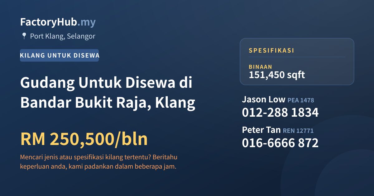 Kilang Untuk Disewa - Gudang Untuk Disewa di Bandar Bukit Raja, Klang - Port Klang, Selangor