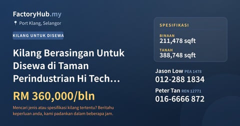Kilang Untuk Disewa - Kilang Berasingan Untuk Disewa di Taman Perindustrian Hi Tech Port Klang - Port Klang, Selangor