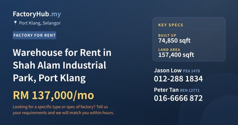 Factory For Rent - Warehouse for Rent in Shah Alam Industrial Park, Port Klang - Port Klang, Selangor