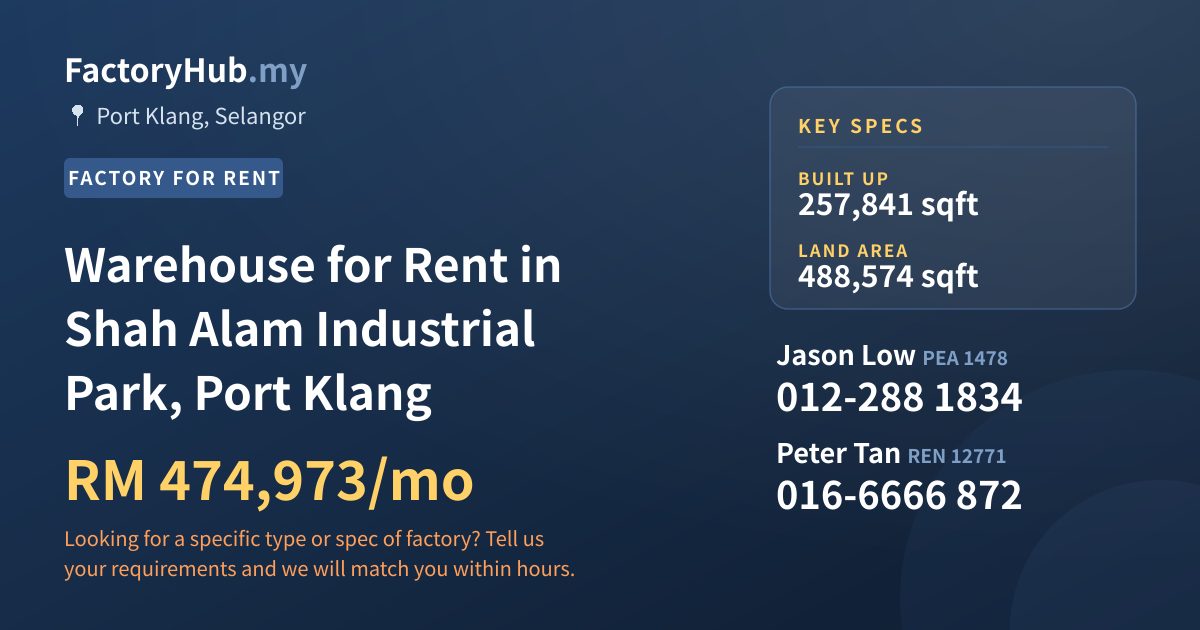 Factory For Rent - Warehouse for Rent in Shah Alam Industrial Park, Port Klang - Port Klang, Selangor