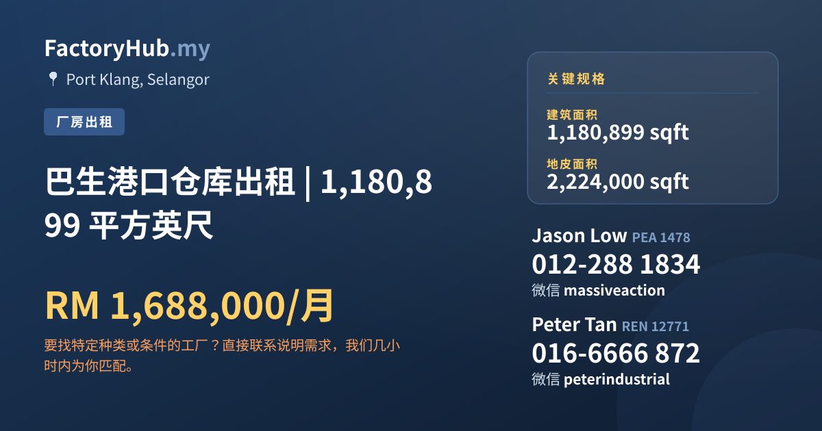 工厂 出租 - 巴生港口仓库出租 | 1,180,899 平方英尺 - Port Klang, Selangor