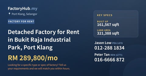 Factory For Rent - Detached Factory for Rent in Bukit Raja Industrial Park, Port Klang - Port Klang, Selangor