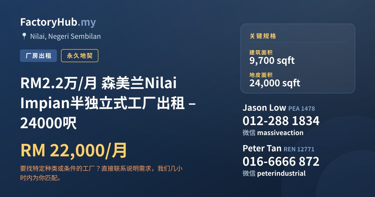 工厂 出租 - RM2.2万/月 森美兰Nilai Impian半独立式工厂出租 – 24000呎 - Nilai, Negeri Sembilan