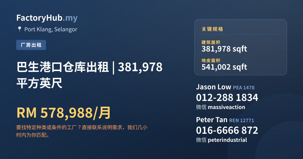 工厂 出租 - 巴生港口仓库出租 | 381,978 平方英尺 - Port Klang, Selangor