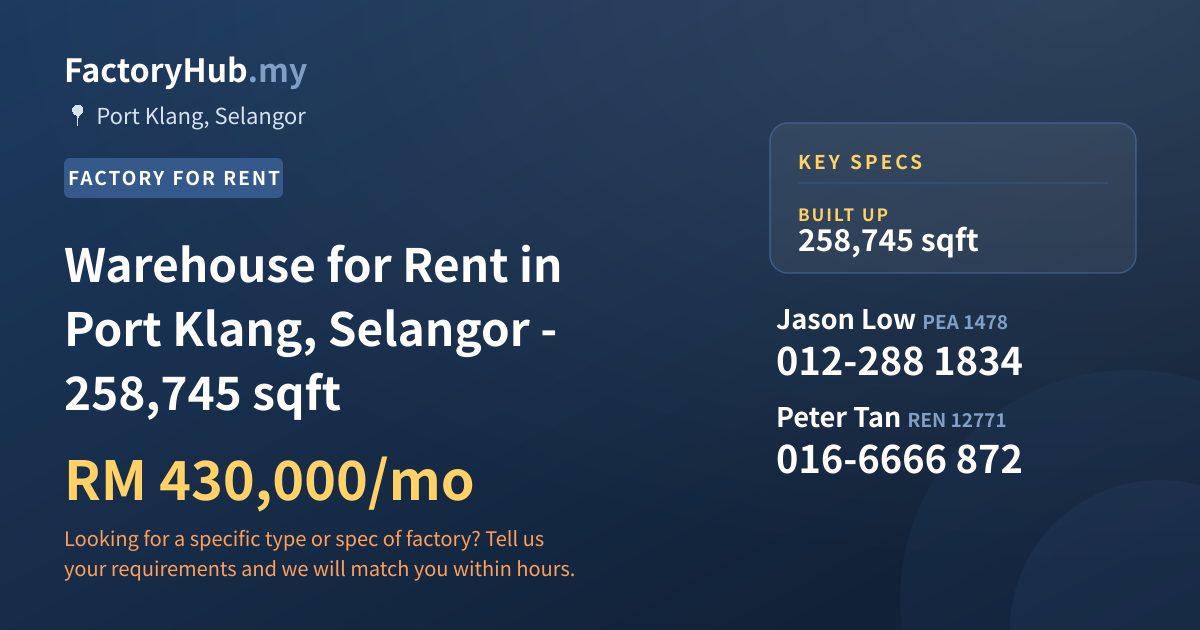 Factory For Rent - Warehouse for Rent in Port Klang, Selangor - 258,745 sqft - Port Klang, Selangor