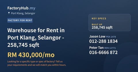 Factory For Rent - Warehouse for Rent in Port Klang, Selangor - 258,745 sqft - Port Klang, Selangor