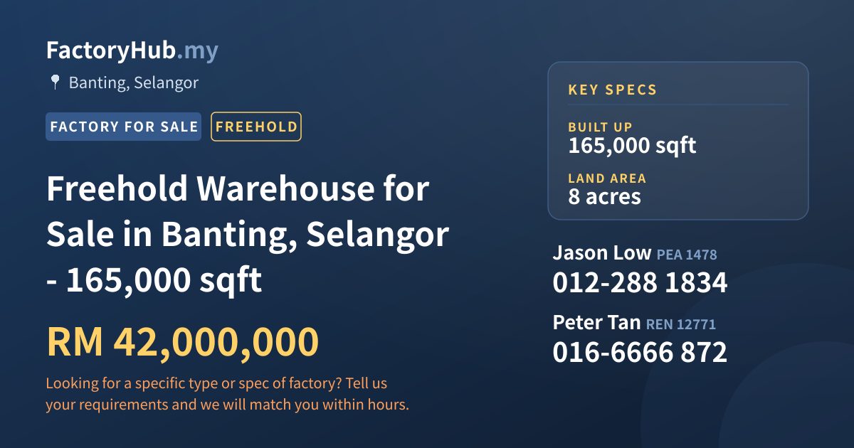 Factory For Sale - Freehold Warehouse for Sale in Banting, Selangor - 165,000 sqft - Banting, Selangor