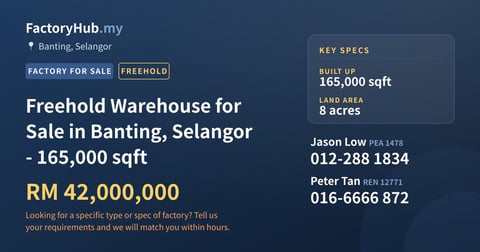 Factory For Sale - Freehold Warehouse for Sale in Banting, Selangor - 165,000 sqft - Banting, Selangor