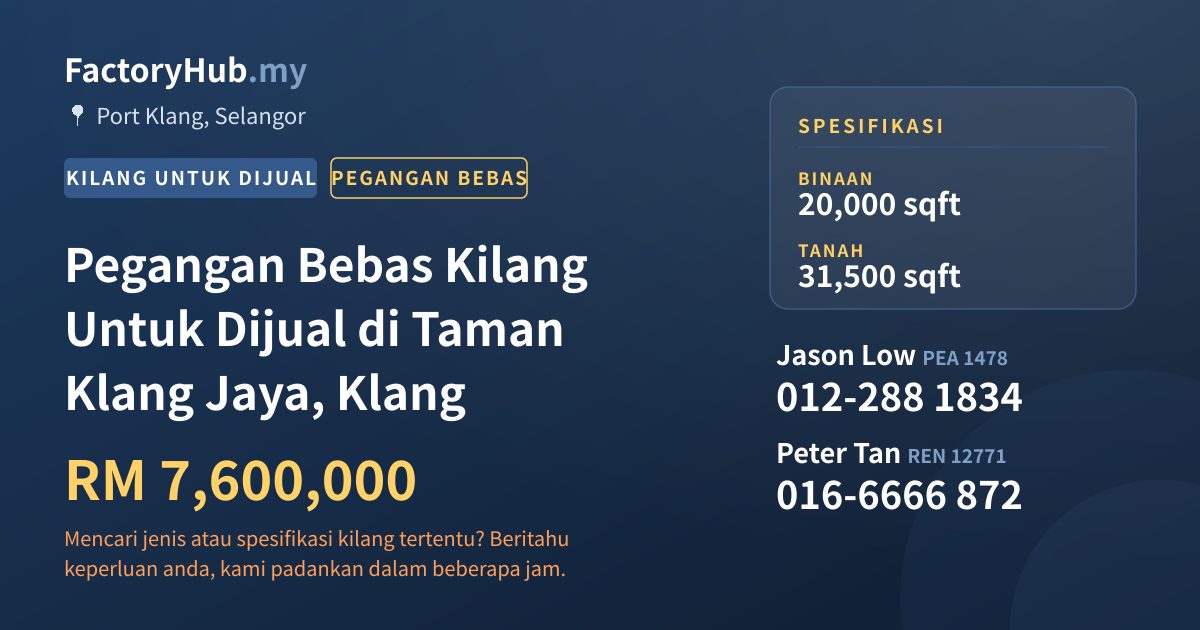 Kilang Untuk Dijual - Pegangan Bebas Kilang Untuk Dijual di Taman Klang Jaya, Klang - Port Klang, Selangor