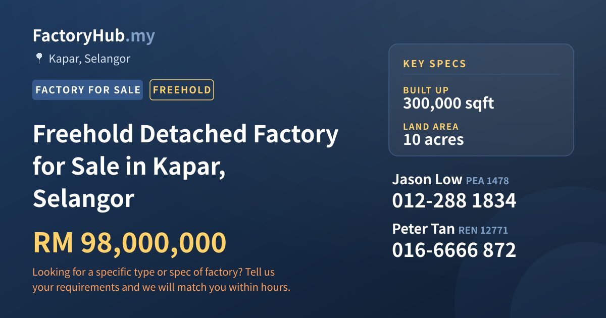 Factory For Sale - Freehold Detached Factory for Sale in Kapar, Selangor - Kapar, Selangor