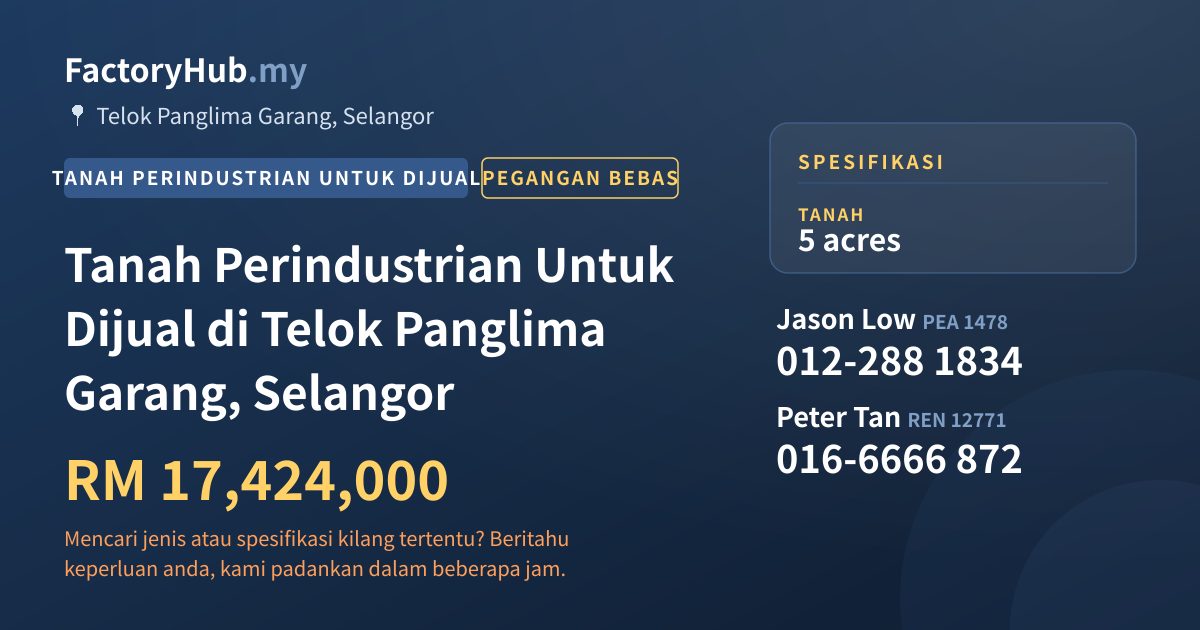Tanah Untuk Dijual - Tanah Perindustrian Untuk Dijual di Telok Panglima Garang, Selangor - Telok Panglima Garang, Selangor