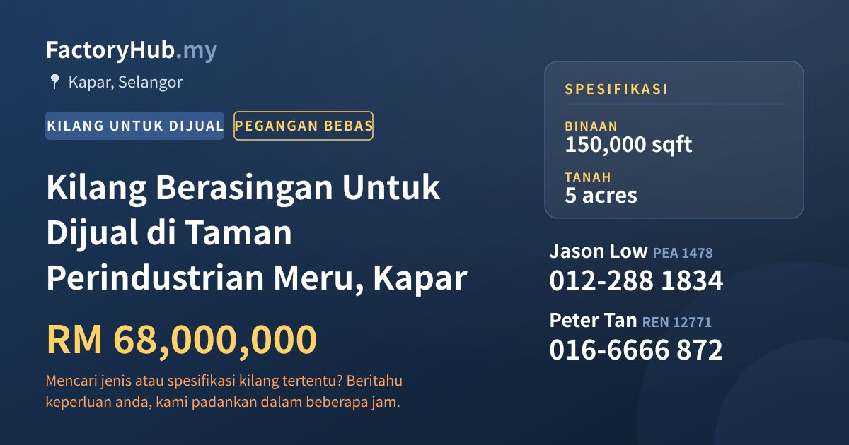 Kilang Untuk Dijual - Kilang Berasingan Untuk Dijual di Taman Perindustrian Meru, Kapar - Kapar, Selangor