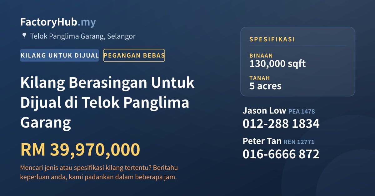 Kilang Untuk Dijual - Kilang Berasingan Untuk Dijual di Telok Panglima Garang - Telok Panglima Garang, Selangor