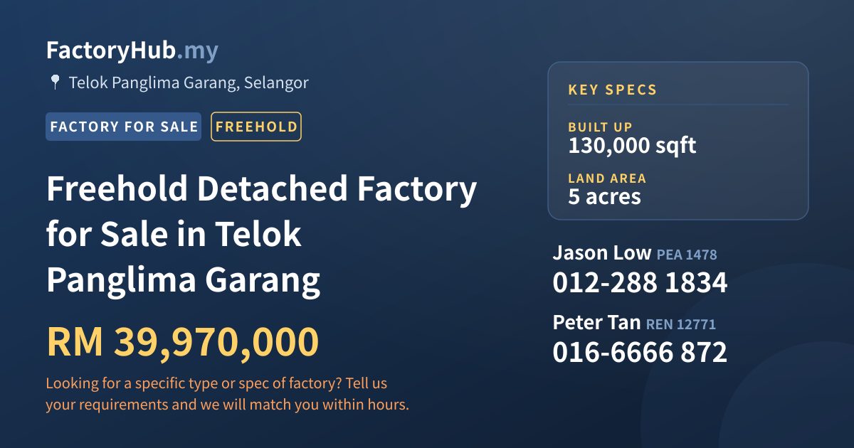 Factory For Sale - Freehold Detached Factory for Sale in Telok Panglima Garang - Telok Panglima Garang, Selangor