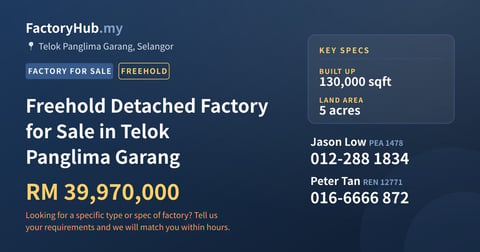 Factory For Sale - Freehold Detached Factory for Sale in Telok Panglima Garang - Telok Panglima Garang, Selangor