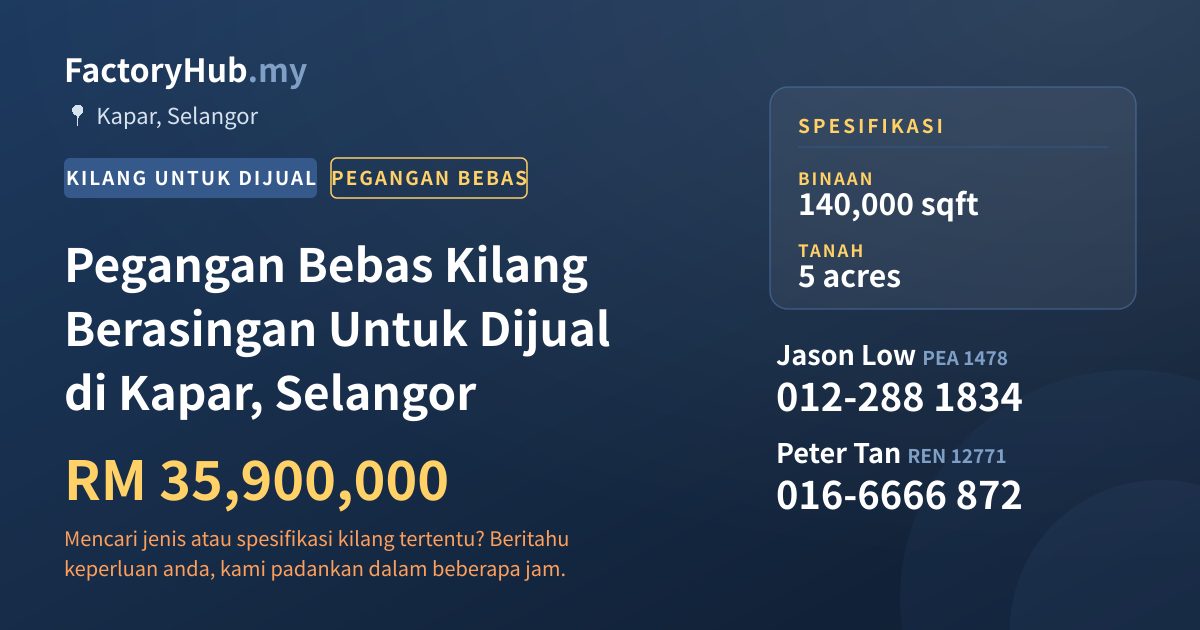 Kilang Untuk Dijual - Pegangan Bebas Kilang Berasingan Untuk Dijual di Kapar, Selangor - Kapar, Selangor