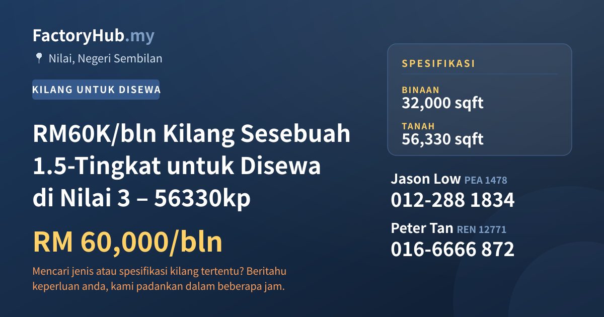 Kilang Untuk Disewa - RM60K/bln Kilang Sesebuah 1.5-Tingkat untuk Disewa di Nilai 3 – 56330kp - Nilai, Negeri Sembilan