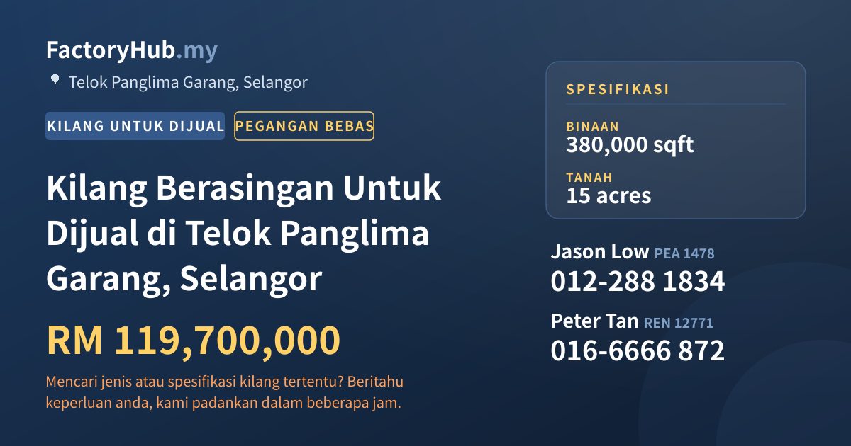 Kilang Untuk Dijual - Kilang Berasingan Untuk Dijual di Telok Panglima Garang, Selangor - Telok Panglima Garang, Selangor