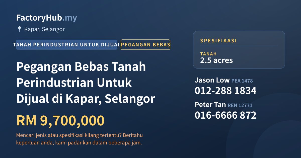 Tanah Untuk Dijual - Pegangan Bebas Tanah Perindustrian Untuk Dijual di Kapar, Selangor - Kapar, Selangor