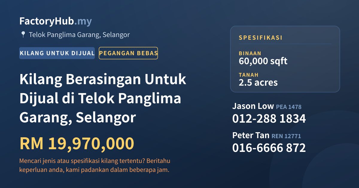 Kilang Untuk Dijual - Kilang Berasingan Untuk Dijual di Telok Panglima Garang, Selangor - Telok Panglima Garang, Selangor