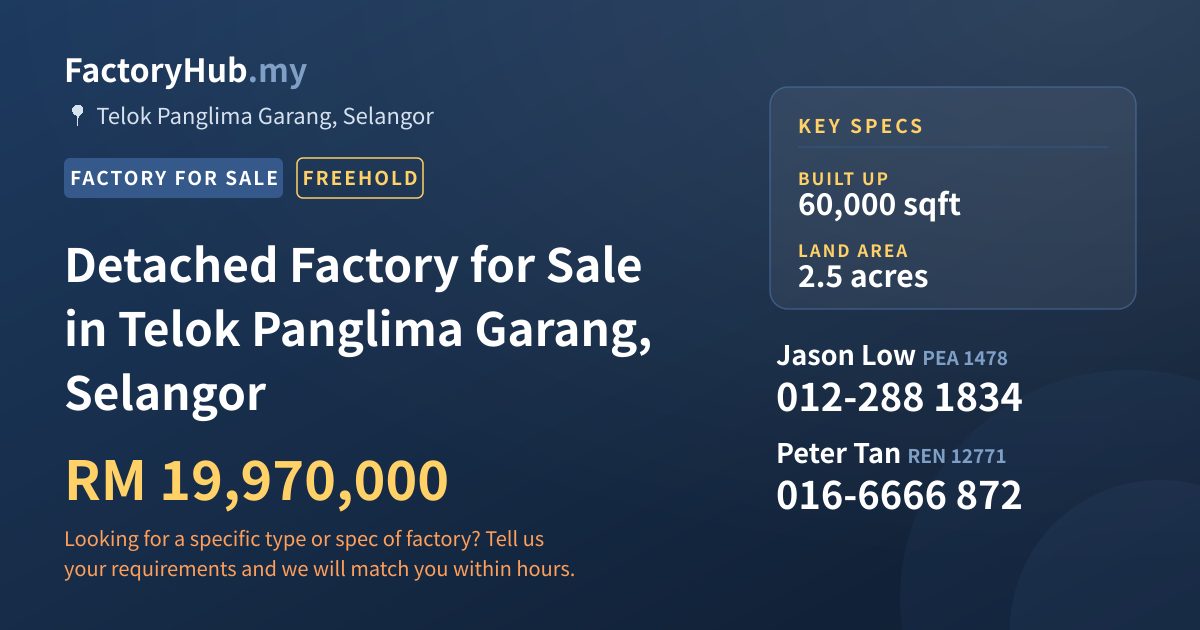 Factory For Sale - Detached Factory for Sale in Telok Panglima Garang, Selangor - Telok Panglima Garang, Selangor