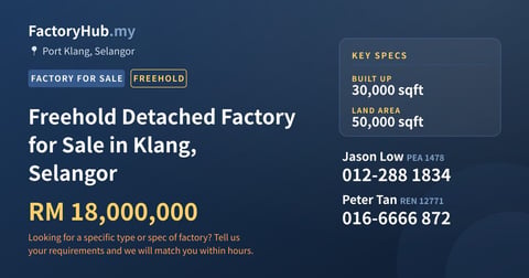 Factory For Sale - Freehold Detached Factory for Sale in Klang, Selangor - Port Klang, Selangor