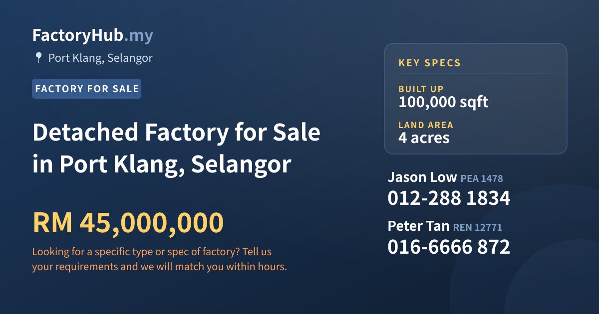 Factory For Sale - Detached Factory for Sale in Port Klang, Selangor - Port Klang, Selangor